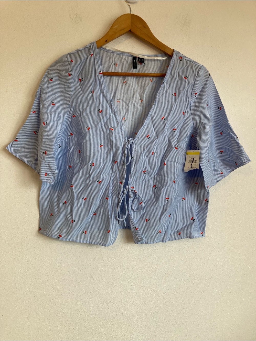 Vero Moda Blue Striped Tie-Front Top with Red Cherry Embroidery Medium